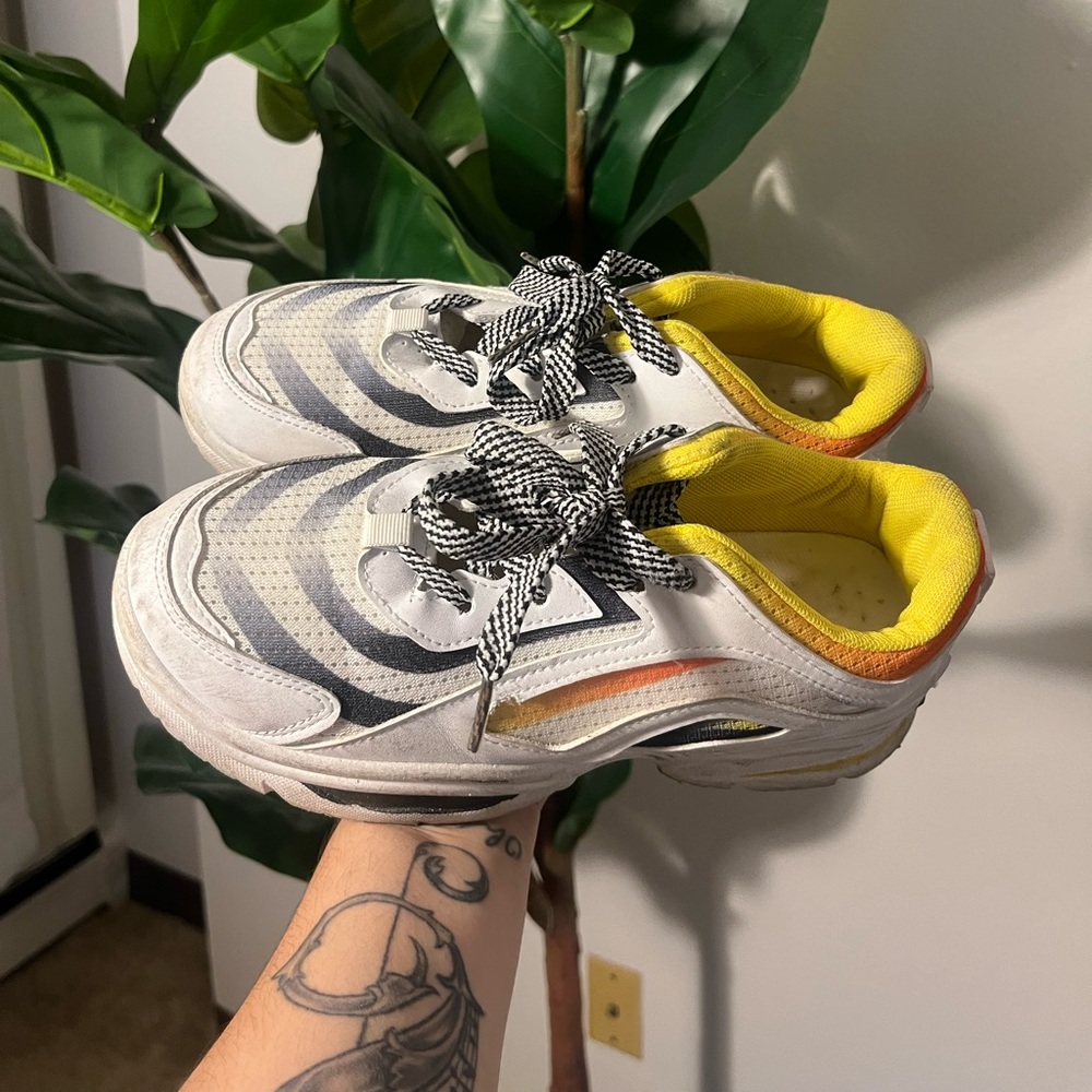 White Chunky Sneakers with Yellow and Orange Accents - Picture 2 of 4